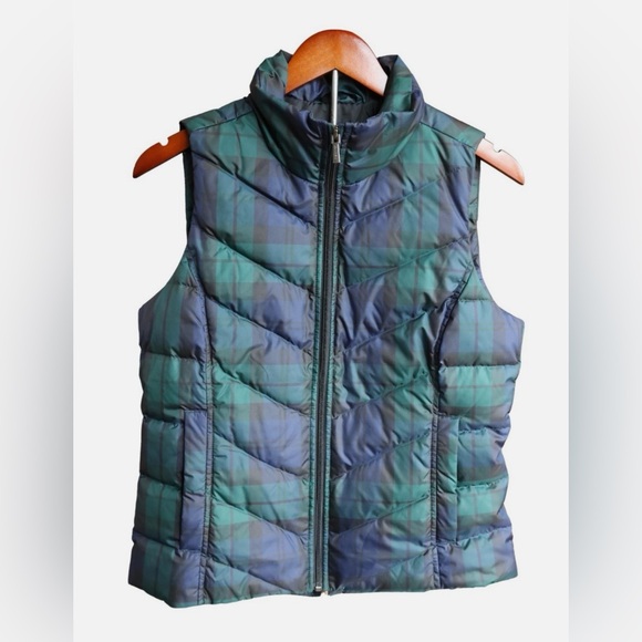 Lands’ End Puffer Vest Cozy Full Zip Snap Pockets Blue Green Plaid Check Size XS - Picture 8 of 15